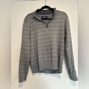 Vineyard Vines Mens Sz:S Gray Quarter Zip Navy Striped Whale Logo Preppy Sweater